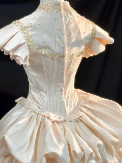 Ethereal Ball Gowns High Neck Ivory Satin With Gold Beading Court Train Wedding Dresses RB3365