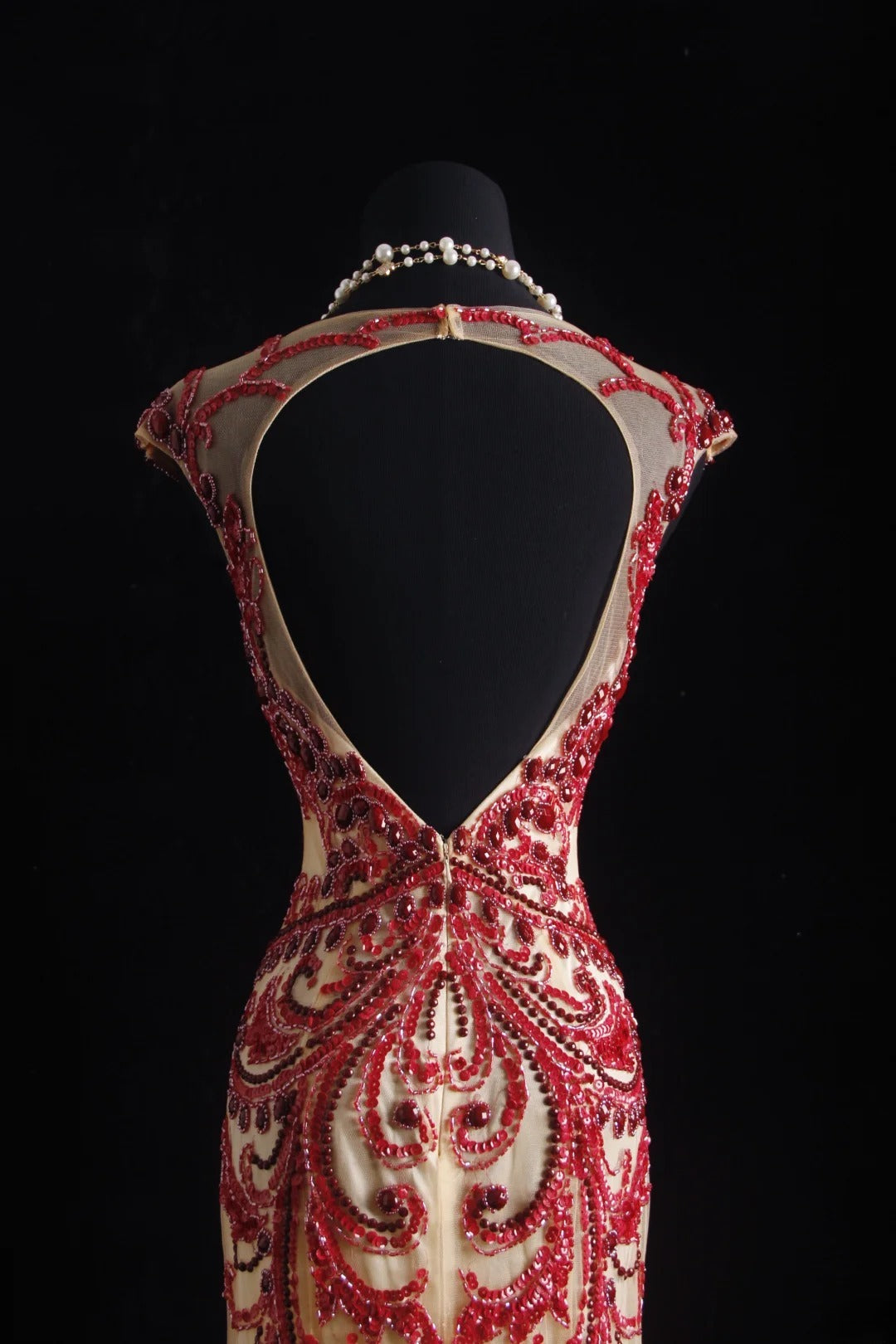 Robe de bal vintage années 90, coupe sirène, col rond, couleur champagne avec perles rouges, robe de soirée longue AS023