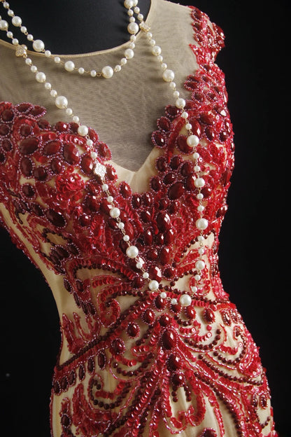 Robe de bal vintage années 90, coupe sirène, col rond, couleur champagne avec perles rouges, robe de soirée longue AS023