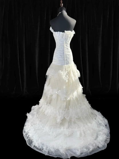 Timeless Women's Mermaid Strapless Sleeveless White Tulle Tiered Pleated With Beads Long Vintage Fitted 1920s Wedding Dresses AS024