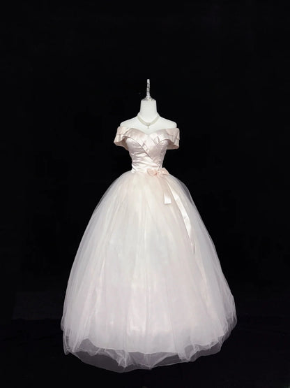 Fairytale Prom Dresses Ball Gown Off The Shoulder Light Pink Satin With Bow Evening Long Formal Dress RB7398