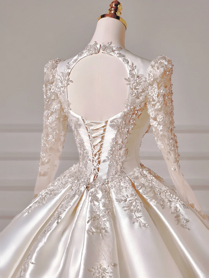 Prinzessinnen-Brautkleid, langes Ballkleid, V-Ausschnitt, Satin, lange Ärmel, perlenbesetztes Oberteil, Brautkleid AQ024
