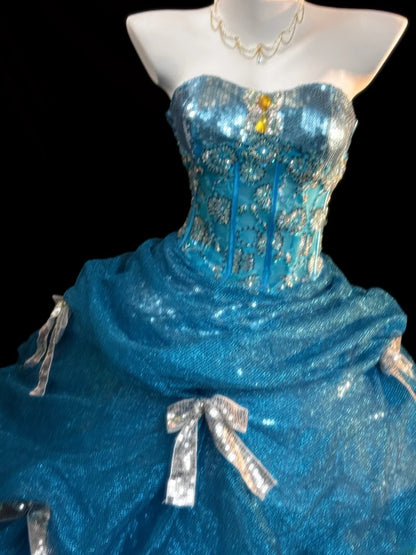 Princess Ball Gown Strapless Blue With Silver Beading Long Quinceanera Dress vestido de 15 de cenicienta RB3366