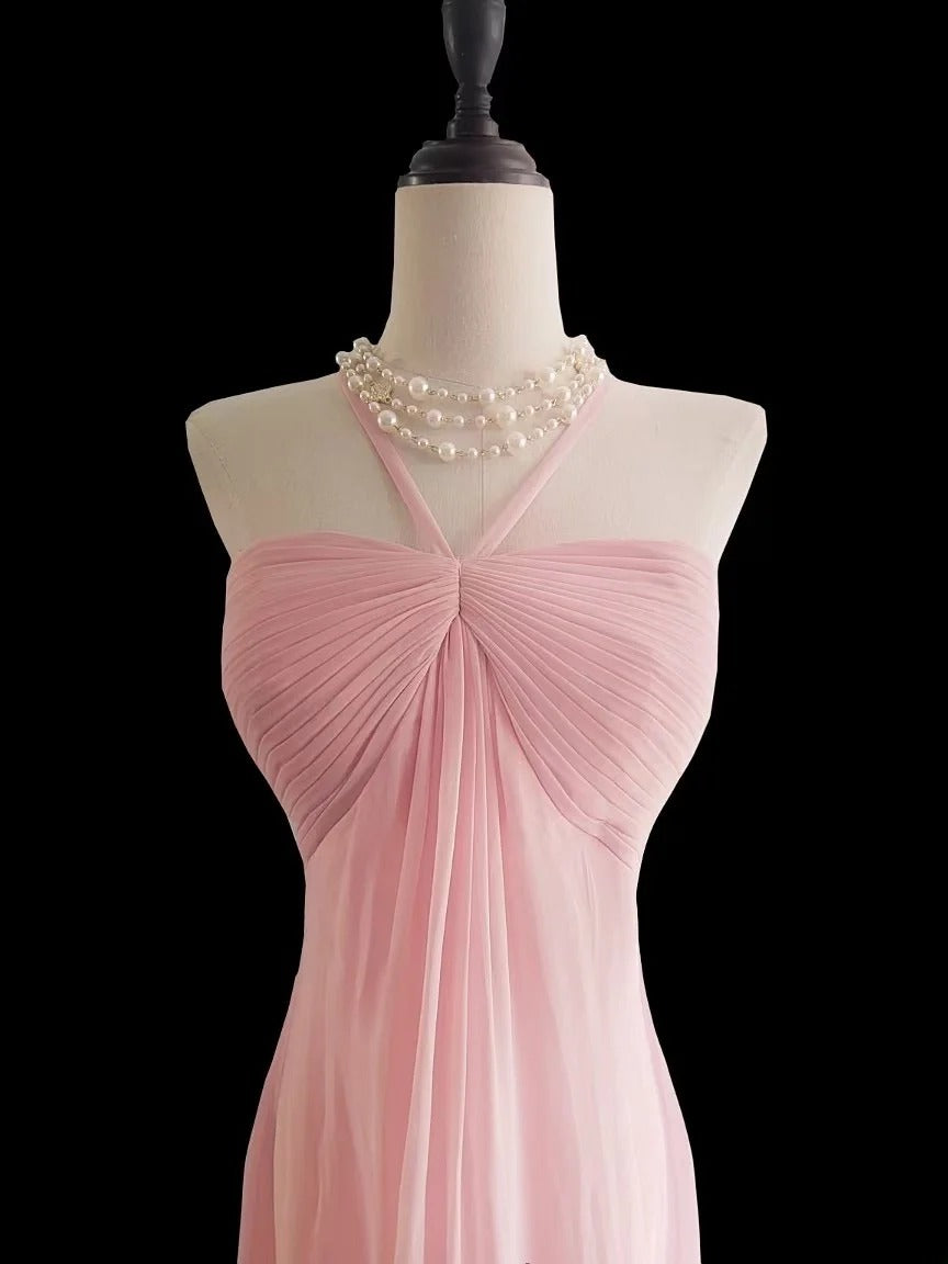 Klassisches, ärmelloses, langes Meerjungfrauen-Abendkleid aus rosa Chiffon mit Neckholder – perfekt für den Schulabschlussball oder als Abendgarderobe AS024