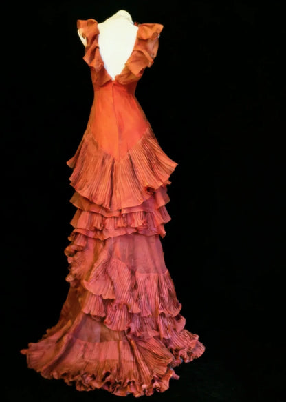 Vintage 90er Jahre Meerjungfrauen-Kleid mit V-Ausschnitt und Stufenrock für Damen, langes Partykleid, Ballkleid, Kleid zum 20. Geburtstag AS024