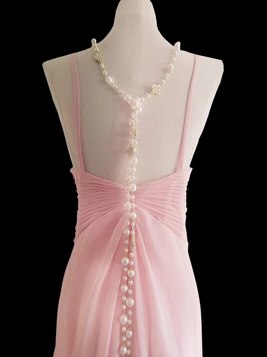 Klassisches, ärmelloses, langes Meerjungfrauen-Abendkleid aus rosa Chiffon mit Neckholder – perfekt für den Schulabschlussball oder als Abendgarderobe AS024