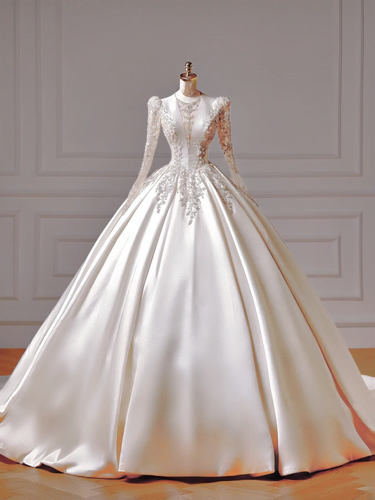 Princess Long Wedding Gowns Ball Gown V Neck Satin for Bride With Long Sleeves Beaded Bodice Bridal Dress AQ024