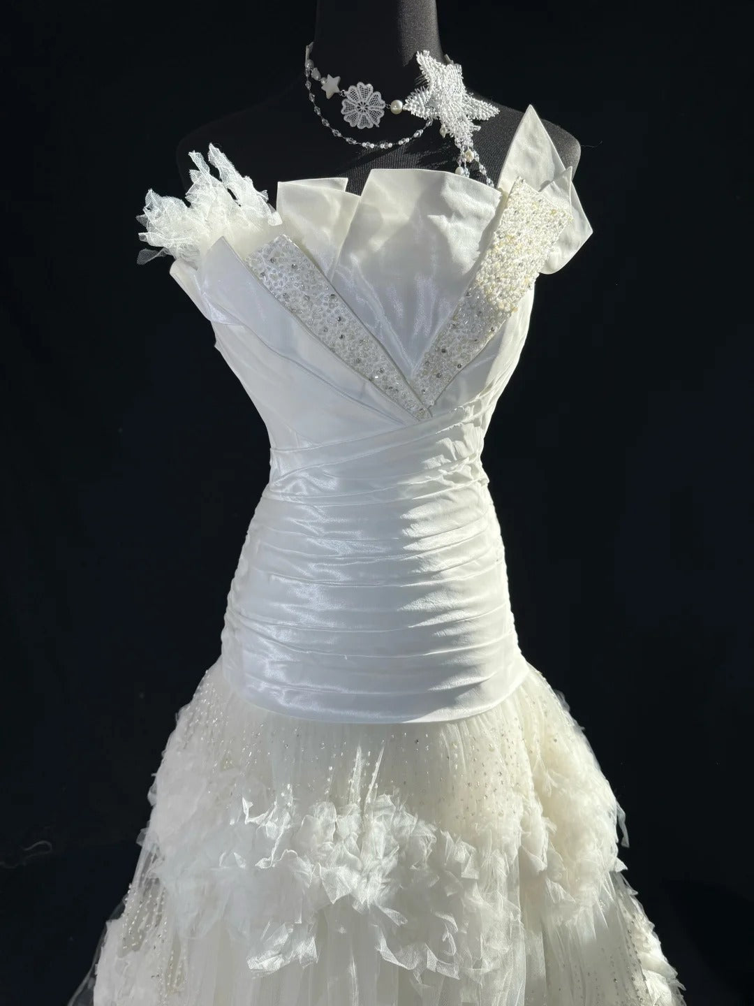 Timeless Women's Mermaid Strapless Sleeveless White Tulle Tiered Pleated With Beads Long Vintage Fitted 1920s Wedding Dresses AS024