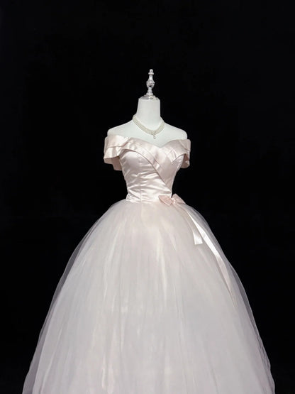 Fairytale Prom Dresses Ball Gown Off The Shoulder Light Pink Satin With Bow Evening Long Formal Dress RB7398