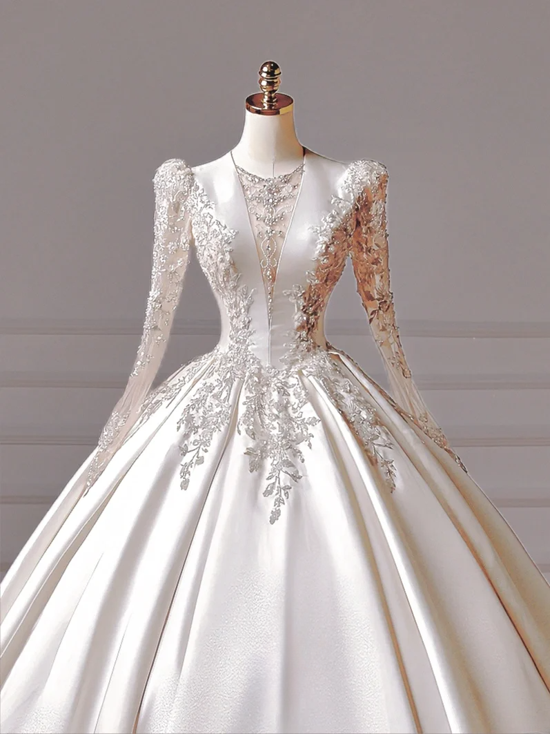 Prinzessinnen-Brautkleid, langes Ballkleid, V-Ausschnitt, Satin, lange Ärmel, perlenbesetztes Oberteil, Brautkleid AQ024