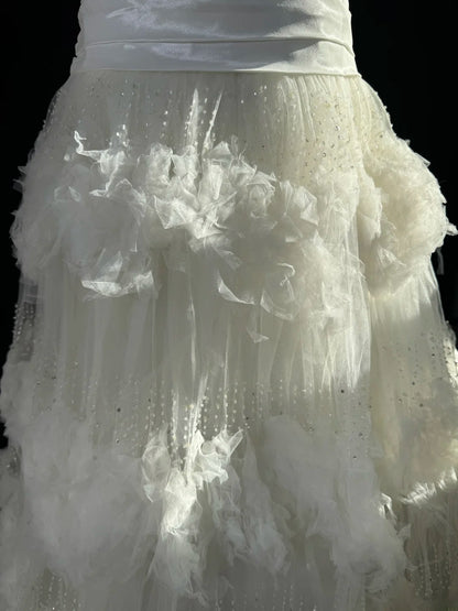 Timeless Women's Mermaid Strapless Sleeveless White Tulle Tiered Pleated With Beads Long Vintage Fitted 1920s Wedding Dresses AS024
