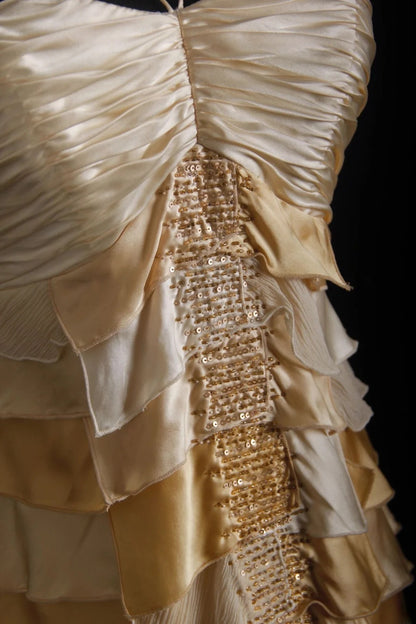 Vintage-Abendkleider im Stil der 90er Jahre, formell, A-Linie, Neckholder, goldfarben, gestuft, mit Perlenstickerei, lange Partykleider, Ballkleider AS025
