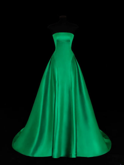 Robe de bal sobre et élégante, sans bretelles, en satin vert, style sophistiqué, robe de soirée longue et raffinée SA025