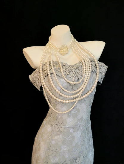 Vintage Meerjungfrauenkleid aus grauer Spitze im 90er-Jahre-Stil mit schulterfreiem Ausschnitt – langes Partykleid, Ballkleid oder Kleid zum 20. Geburtstag AS025