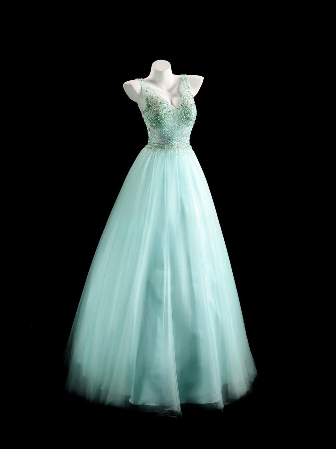 Sophisticated Prom Dresses Ball Gown V Neckline Mint Green Tulle With Beading Long Sweet 15 16 Dress Formal Outfits RB5834