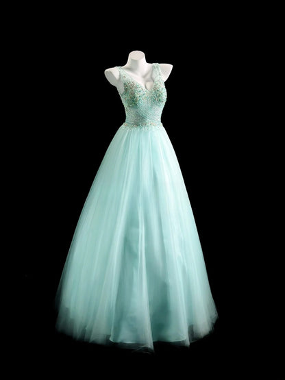 Sophisticated Prom Dresses Ball Gown V Neckline Mint Green Tulle With Beading Long Sweet 15 16 Dress Formal Outfits RB5834