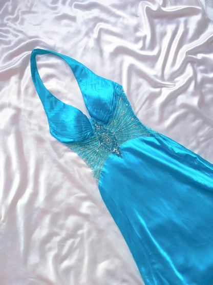 Robe de bal longue vintage sirène dos nu en satin bleu sans manches, tenue de soirée pour la remise des diplômes de fin d'études secondaires AS025