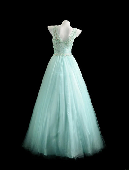 Sophisticated Prom Dresses Ball Gown V Neckline Mint Green Tulle With Beading Long Sweet 15 16 Dress Formal Outfits RB5834