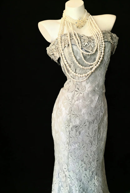Vintage Meerjungfrauenkleid aus grauer Spitze im 90er-Jahre-Stil mit schulterfreiem Ausschnitt – langes Partykleid, Ballkleid oder Kleid zum 20. Geburtstag AS025
