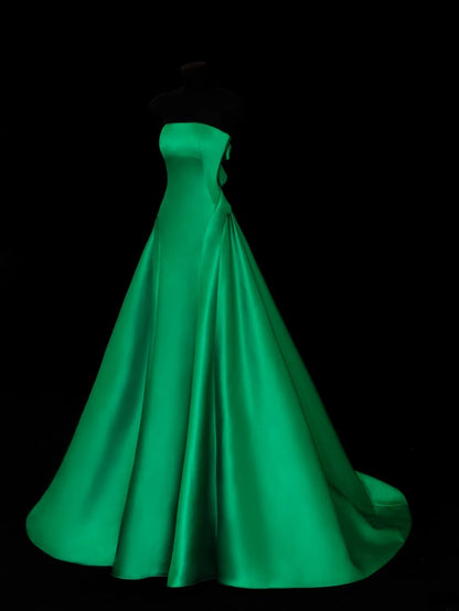 Robe de bal sobre et élégante, sans bretelles, en satin vert, style sophistiqué, robe de soirée longue et raffinée SA025