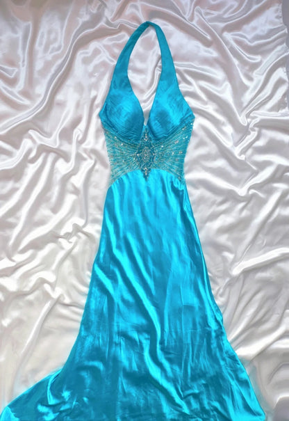 Robe de bal longue vintage sirène dos nu en satin bleu sans manches, tenue de soirée pour la remise des diplômes de fin d'études secondaires AS025