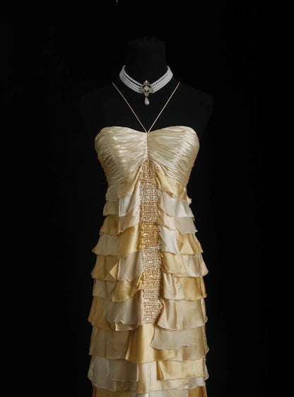 Vintage-Abendkleider im Stil der 90er Jahre, formell, A-Linie, Neckholder, goldfarben, gestuft, mit Perlenstickerei, lange Partykleider, Ballkleider AS025