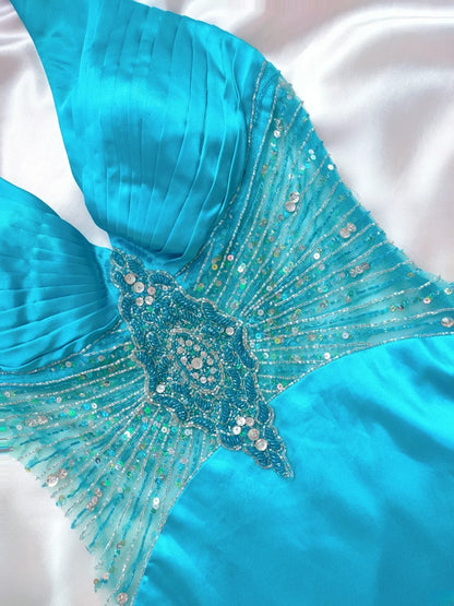 Robe de bal longue vintage sirène dos nu en satin bleu sans manches, tenue de soirée pour la remise des diplômes de fin d'études secondaires AS025