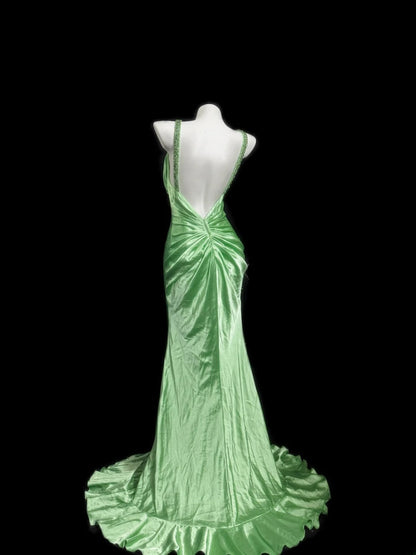 Modest Prom Dresses Mermaid V Neck Green Backless With Ruffles Satin Long Evening Formal Outfits RB3367