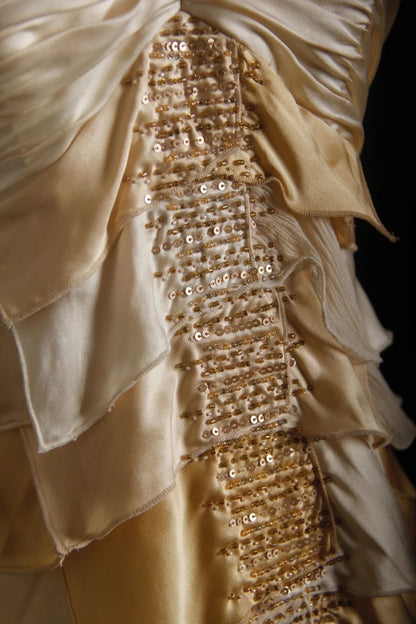 Vintage-Abendkleider im Stil der 90er Jahre, formell, A-Linie, Neckholder, goldfarben, gestuft, mit Perlenstickerei, lange Partykleider, Ballkleider AS025