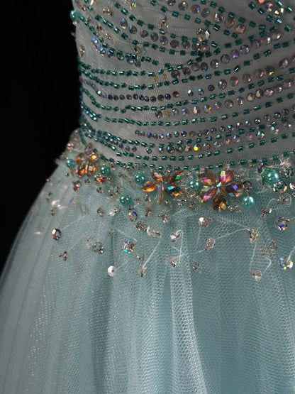 Sophisticated Prom Dresses Ball Gown V Neckline Mint Green Tulle With Beading Long Sweet 15 16 Dress Formal Outfits RB5834