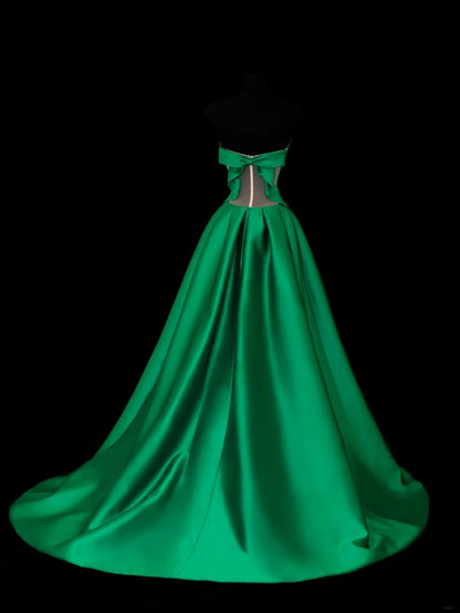 Robe de bal sobre et élégante, sans bretelles, en satin vert, style sophistiqué, robe de soirée longue et raffinée SA025