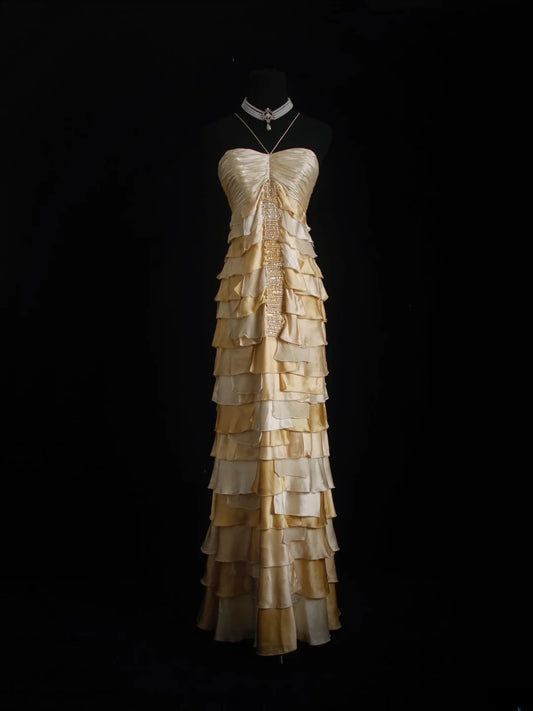 Vintage Prom Dresses 90s Formal A line Halter Gold Tiered With Beadings Long Party Gowns Prom Dresses AS025