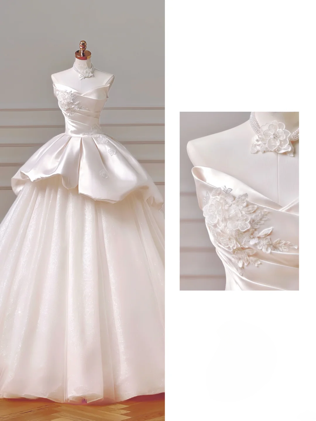 Robe de mariée longue et romantique, style bal, décolleté cœur, en satin et dentelle plissée, avec manches, référence AQ026