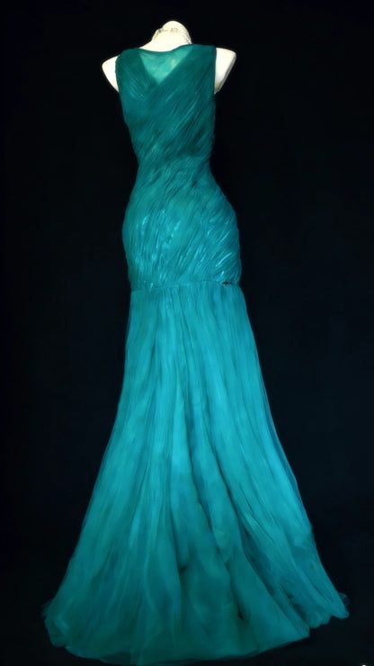 Vintage 90er Jahre Meerjungfrauenkleid mit eckigem Ausschnitt aus blauem Tüll für Damen, langes Partykleid, Ballkleid, Outfit für den 21. Geburtstag AS026