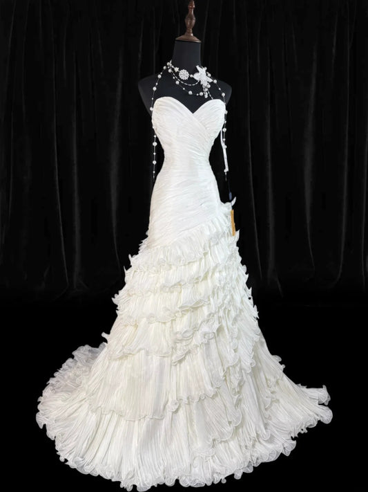 Timeless Women's Mermaid Strapless Sweetheart Sleeveless White Tulle Tiered Pleated With Beads Long Vintage Fitted 1920s Wedding Dresses AS026