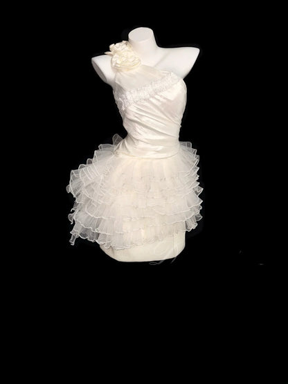 Ethereal Sheath One Shoulder Short Ivory Satin With Lace Summer Wedding Dresses RB3368