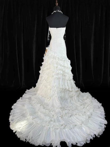 Timeless Women's Mermaid Strapless Sweetheart Sleeveless White Tulle Tiered Pleated With Beads Long Vintage Fitted 1920s Wedding Dresses AS026