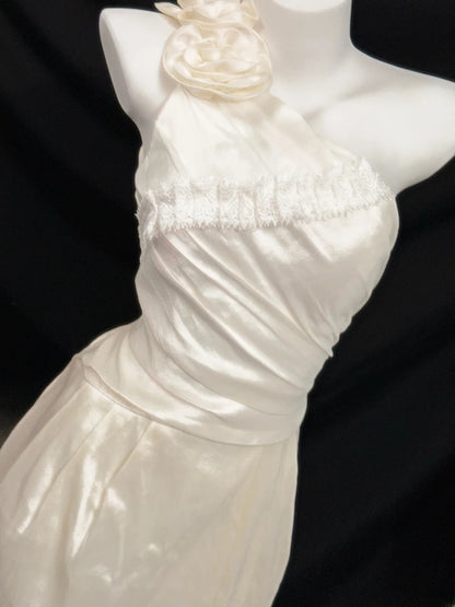 Ethereal Sheath One Shoulder Short Ivory Satin With Lace Summer Wedding Dresses RB3368