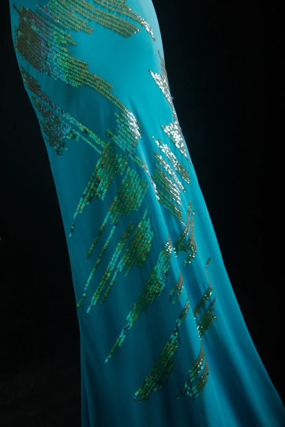 Vintage Prom Dresses 90s Formal Mermaid V Neck Blue Chiffon With Beadings Long Party Gowns Prom Dresses AS027