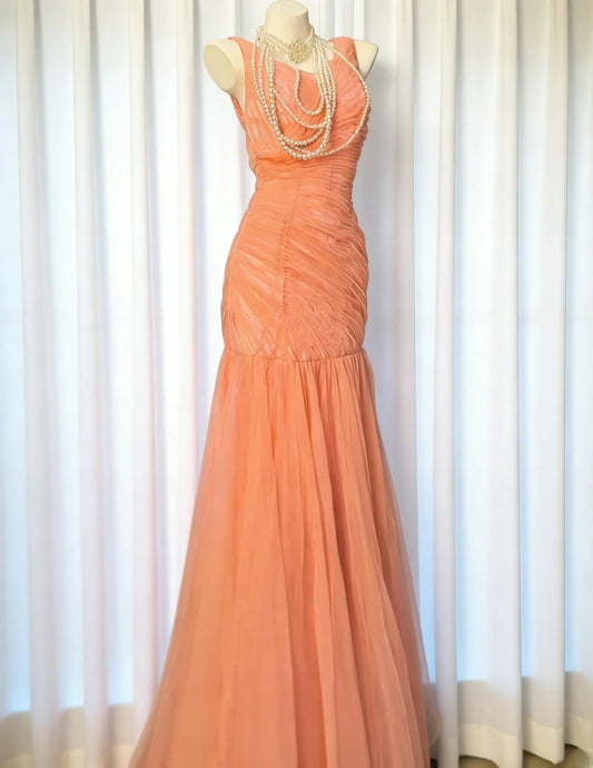 Robe de soirée longue sirène vintage années 90 en tulle orange à col en V pour femme, idéale pour un bal de promo ou un 21e anniversaire (AS027)