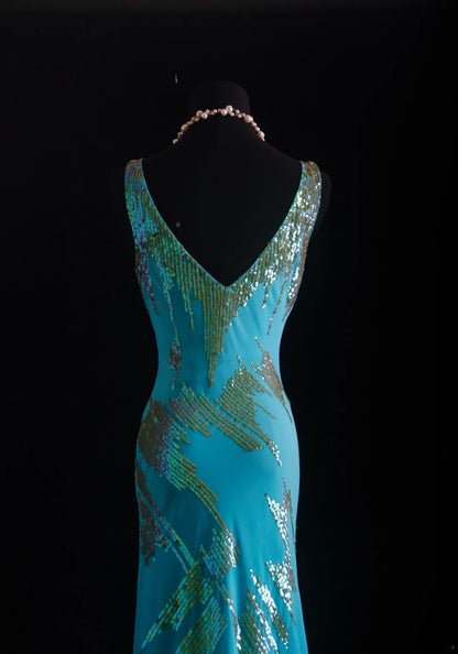 Vintage Prom Dresses 90s Formal Mermaid V Neck Blue Chiffon With Beadings Long Party Gowns Prom Dresses AS027