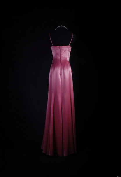 Einfaches Ballkleid für Damen, Spaghettiträger, rosa, A-Linie, lang, formell, für Tanz und Party, AS028