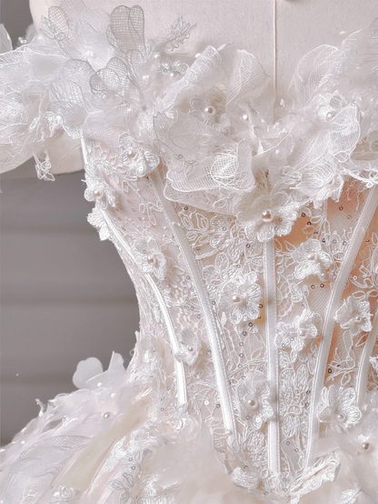 Princess Long Wedding Gowns Ball Gown Off The Shoulder Tulle For Bride With Short Sleeves Lace Bodice Bridal Dress AQ028