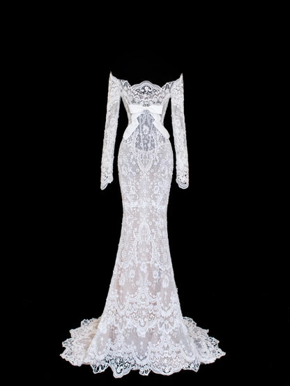 Mermaid Wedding Gowns Dresses Elegant Modest for Bride Off The Shoulder With Sleeves White Petite/Plus Size Bridal Gowns For Women SA028