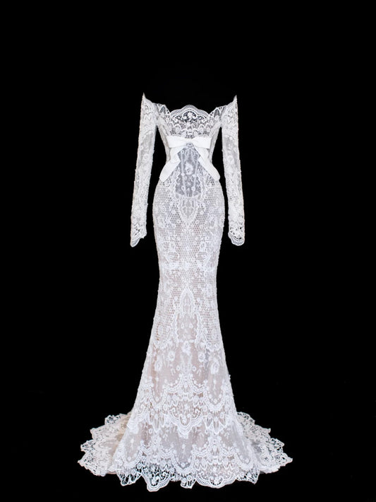 Mermaid Wedding Gowns Dresses Elegant Modest for Bride Off The Shoulder With Sleeves White Petite/Plus Size Bridal Gowns For Women SA028
