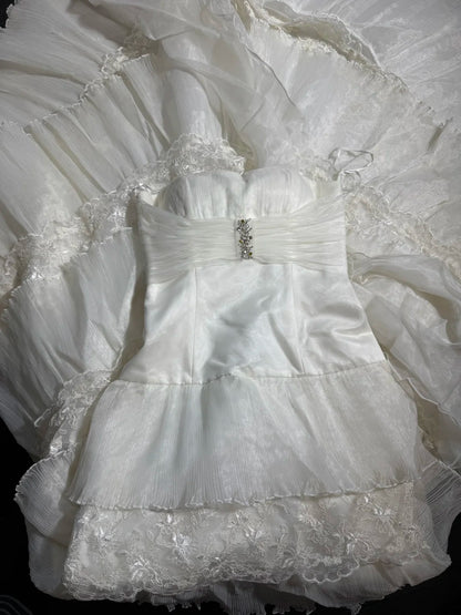 Timeless Women's A Line Strapless Sleeveless White Lace Tiered Long Vintage Fitted 1920s Wedding Dresses AS028