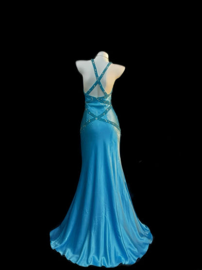 Robes de bal modestes sirène col en V licou en satin bleu avec perles cristaux longues tenues de soirée formelles RB3370