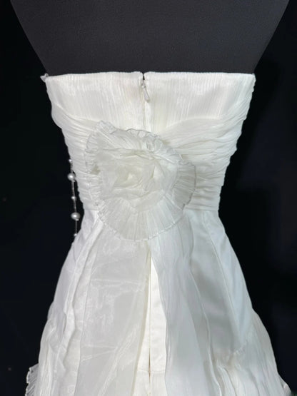 Timeless Women's A Line Strapless Sleeveless White Lace Tiered Long Vintage Fitted 1920s Wedding Dresses AS028