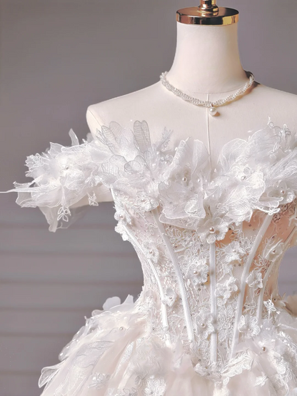 Princess Long Wedding Gowns Ball Gown Off The Shoulder Tulle For Bride With Short Sleeves Lace Bodice Bridal Dress AQ028