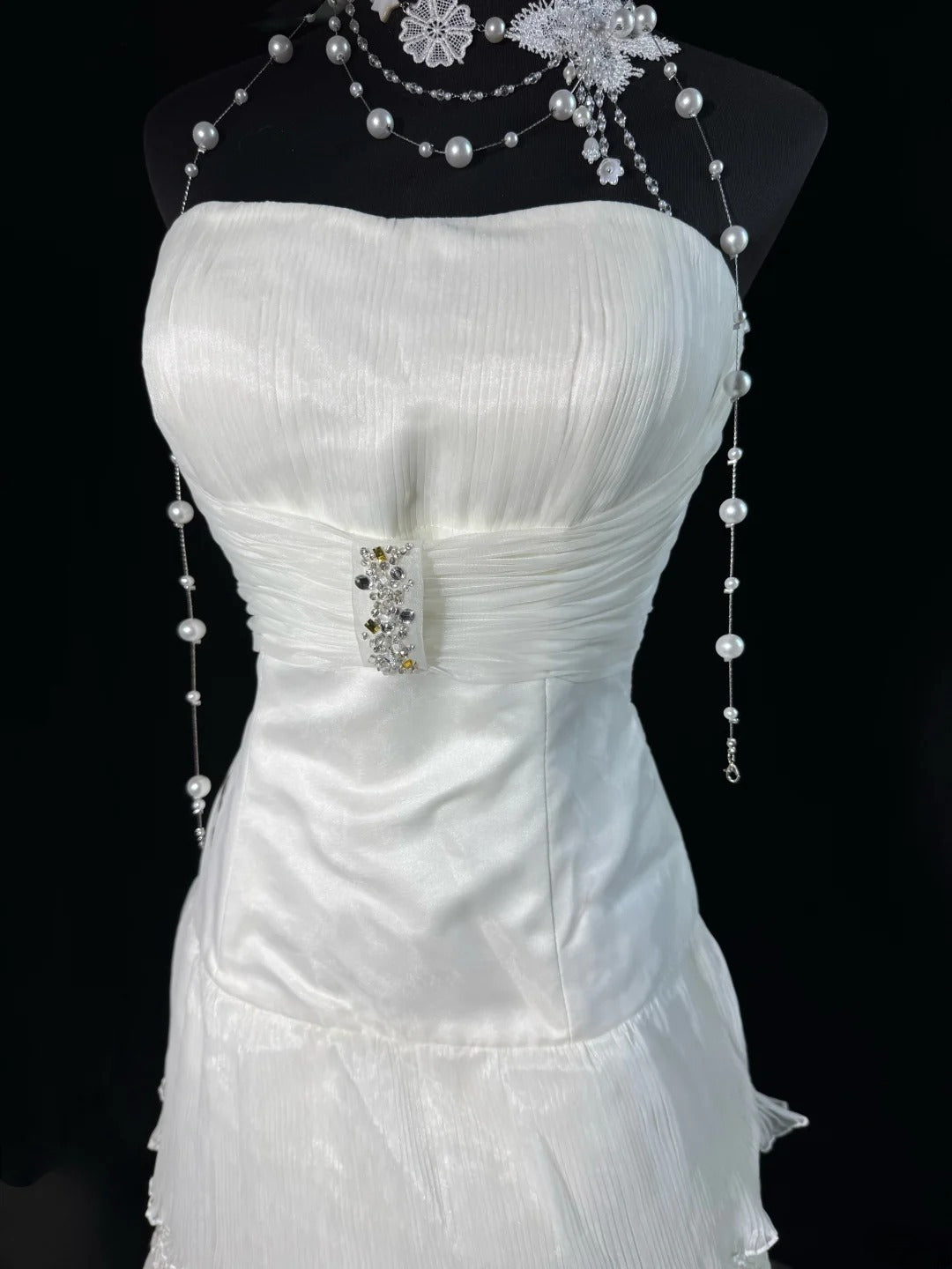 Timeless Women's A Line Strapless Sleeveless White Lace Tiered Long Vintage Fitted 1920s Wedding Dresses AS028